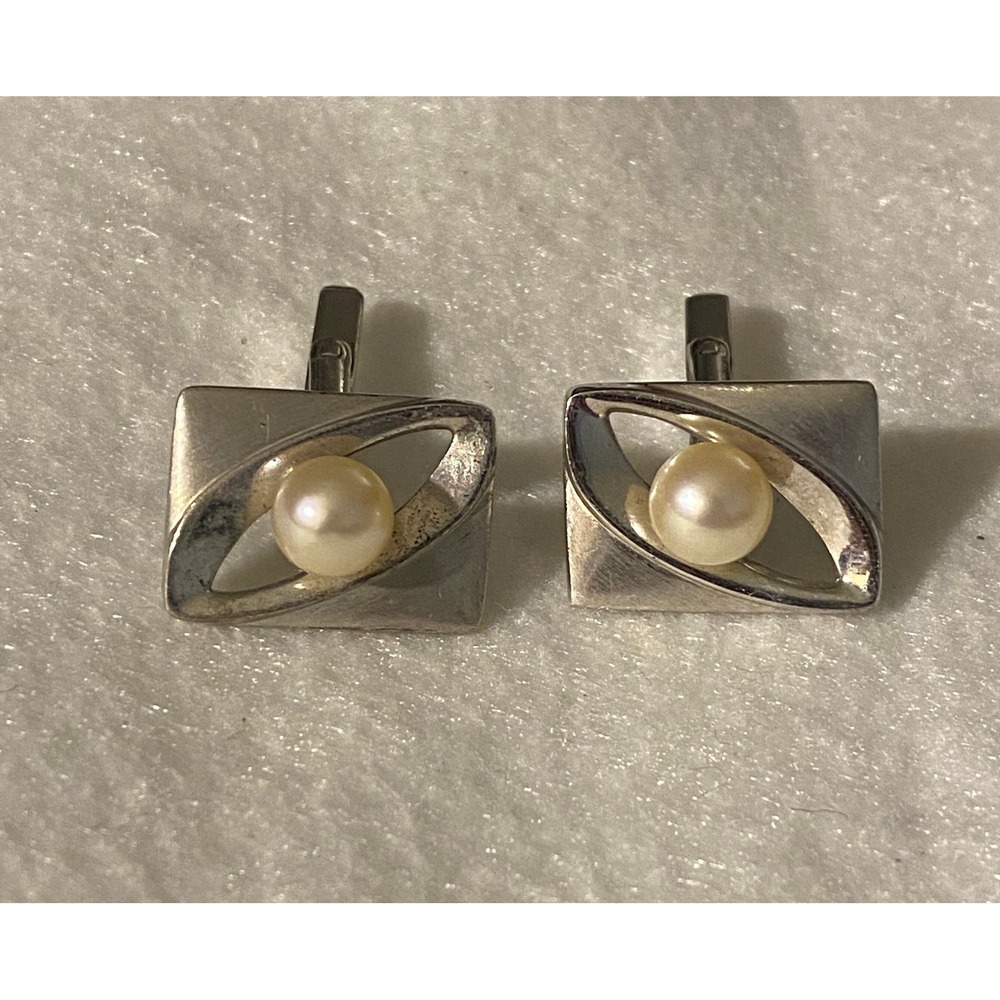 Mid Century Modern Sterling Cuff Links w/ 8 mm Genuine Pearls